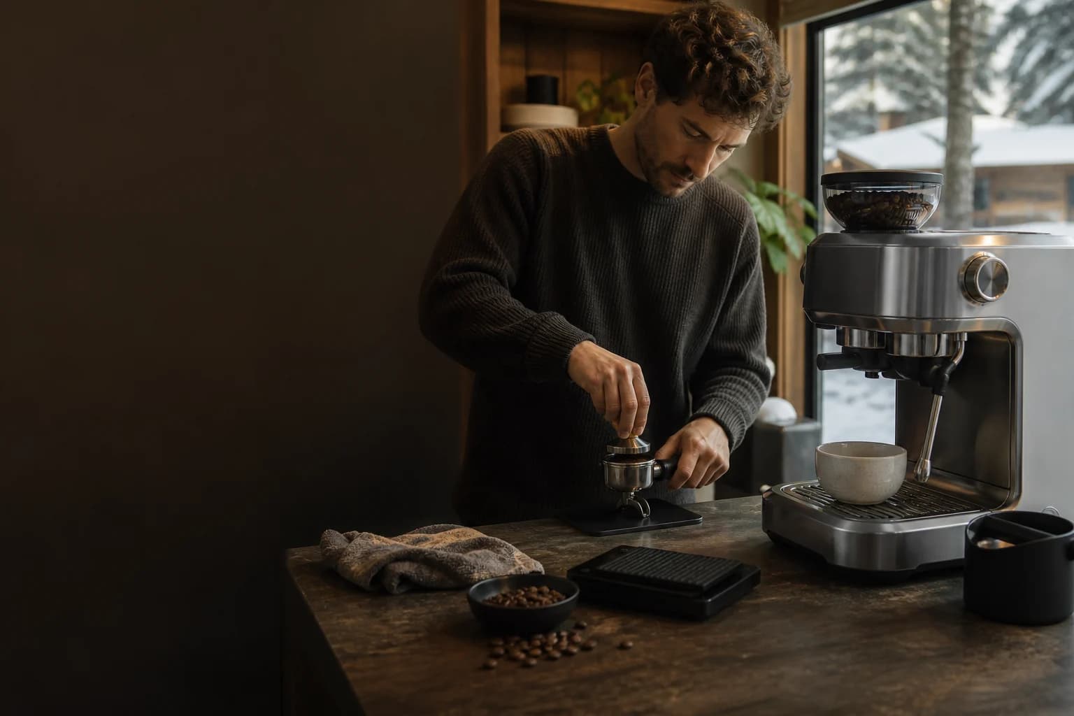 Representative integrated-grinder espresso machine during a hands-on coffee-making routine