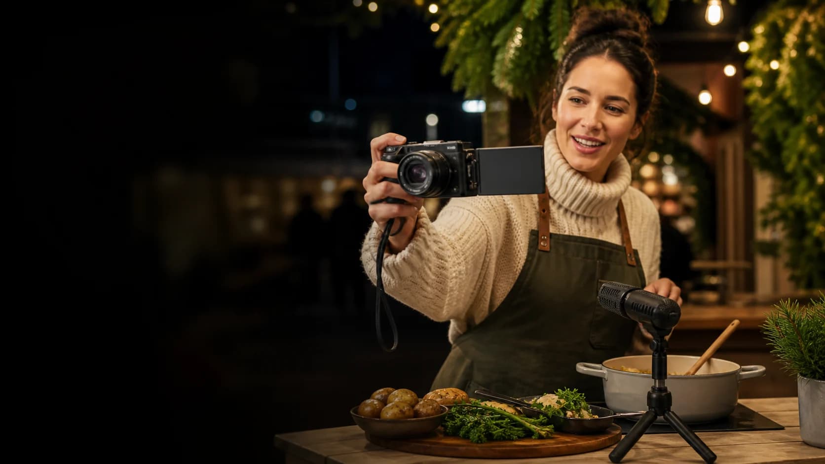 Representative food creator self-filming with a generic fixed-lens compact camera