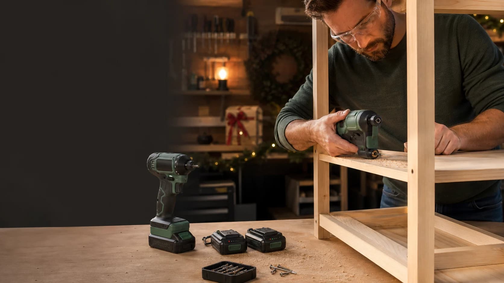 Representative compact drill and impact driver setup during a shelf-building project