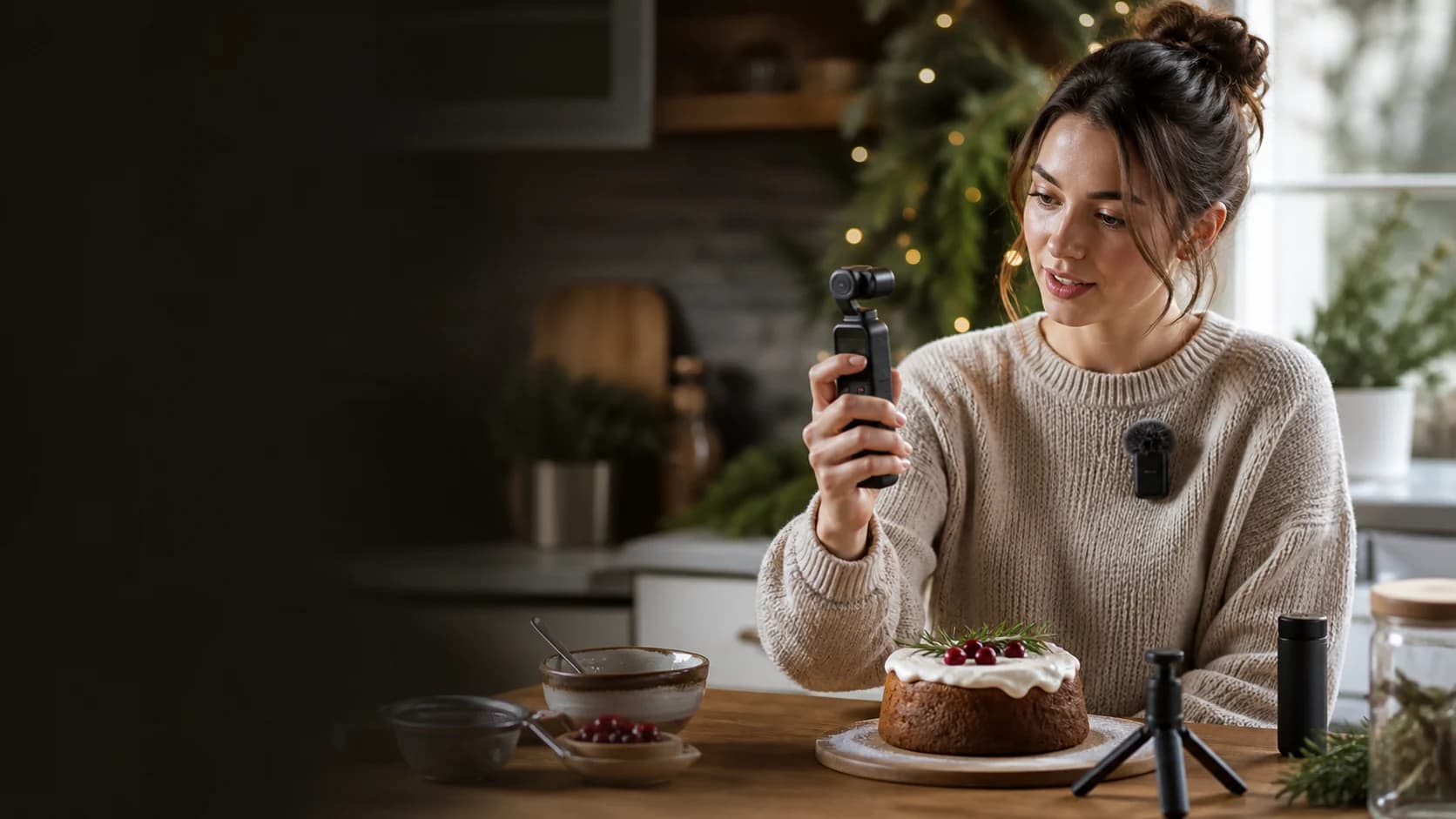 Representative creator filming a dessert with a generic pocket gimbal camera and wireless microphone