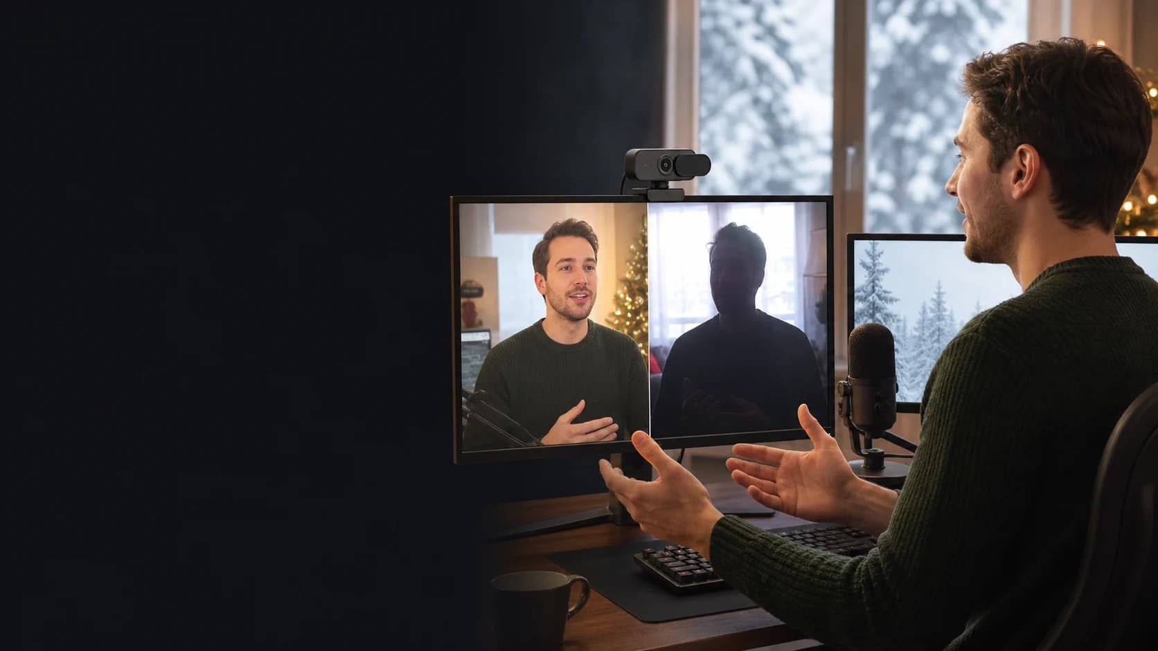 Representative creator comparing balanced and backlit webcam exposure at a streaming desk