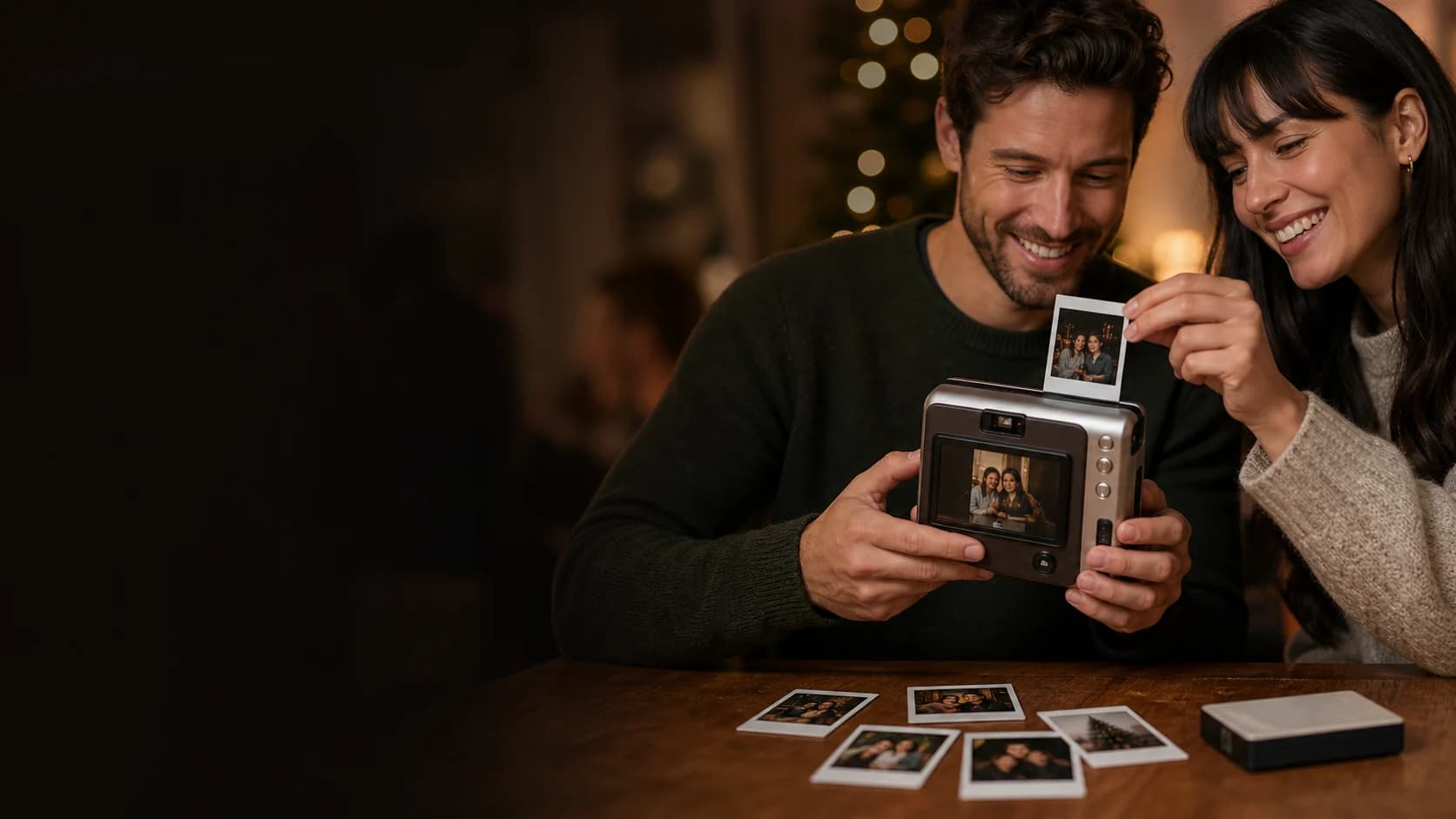 Representative friends selecting and sharing a small print from a generic hybrid instant camera