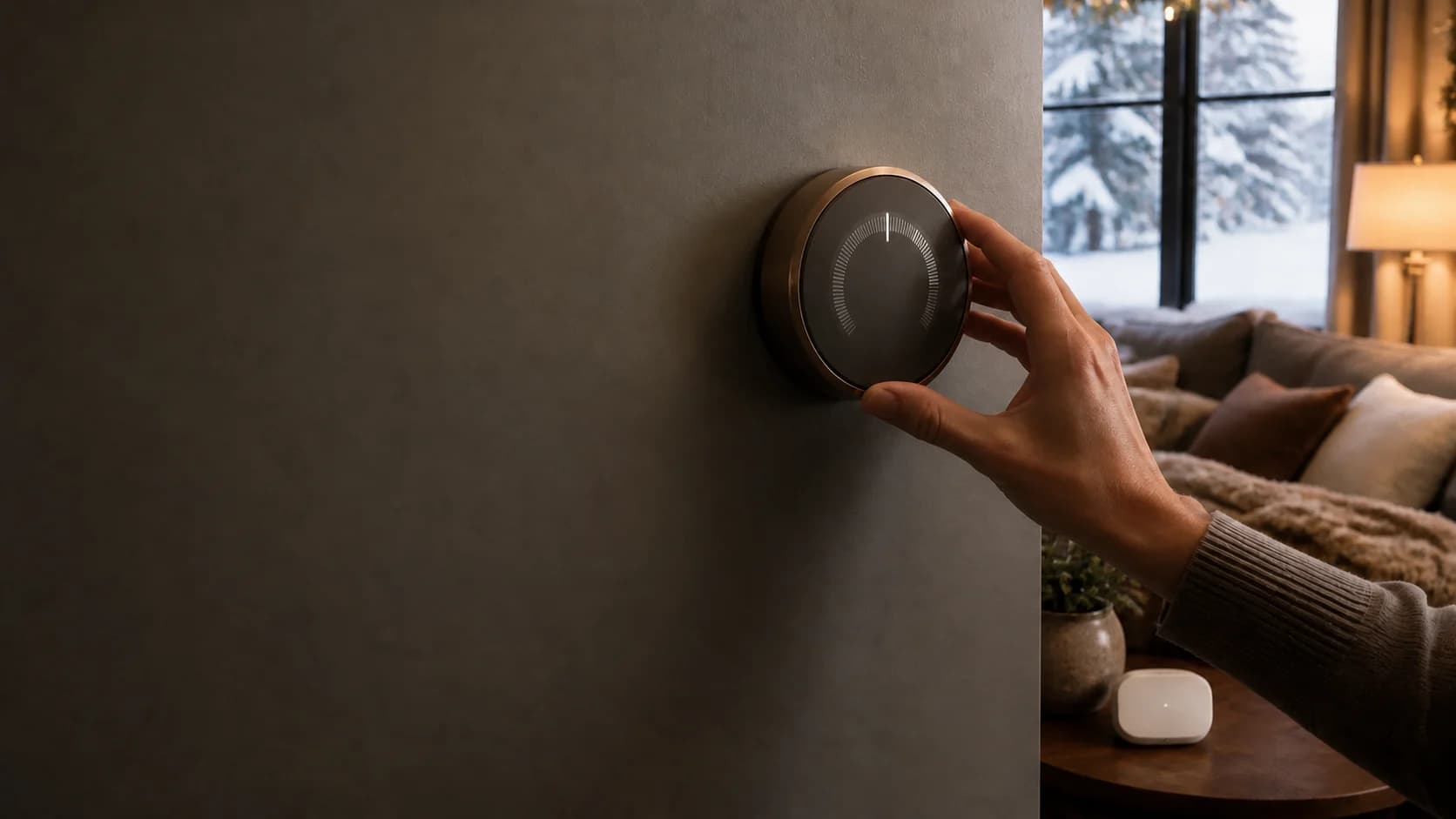 Representative circular smart thermostat and wireless room sensor in a warm winter living room