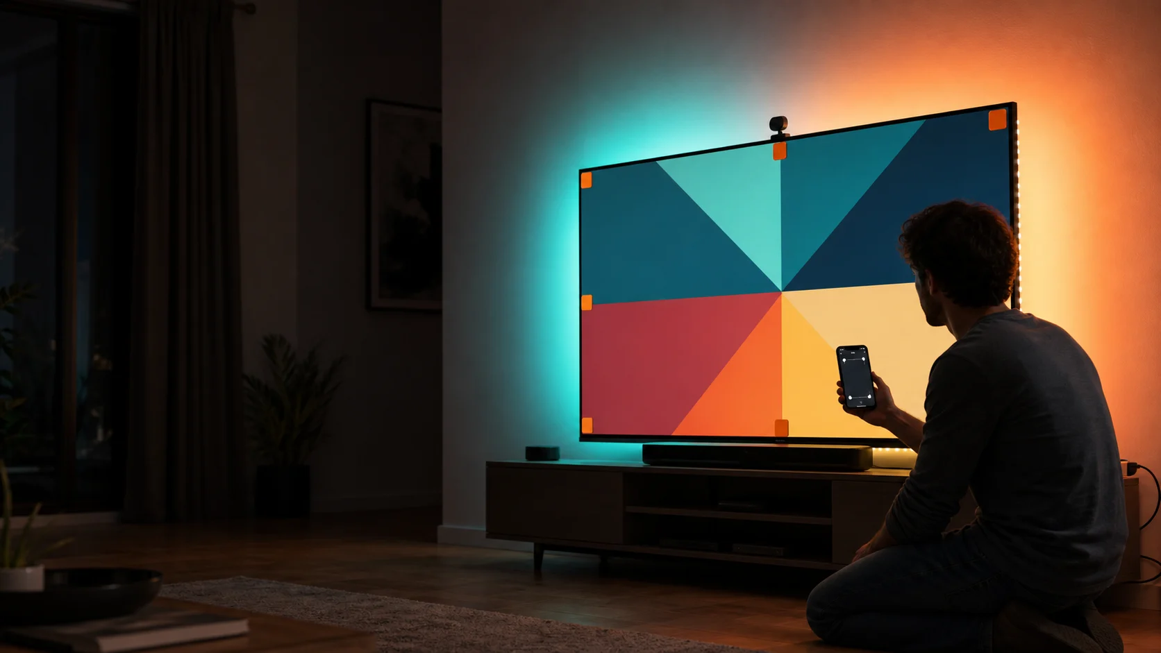 Representative camera-synced TV backlight being calibrated with temporary screen markers