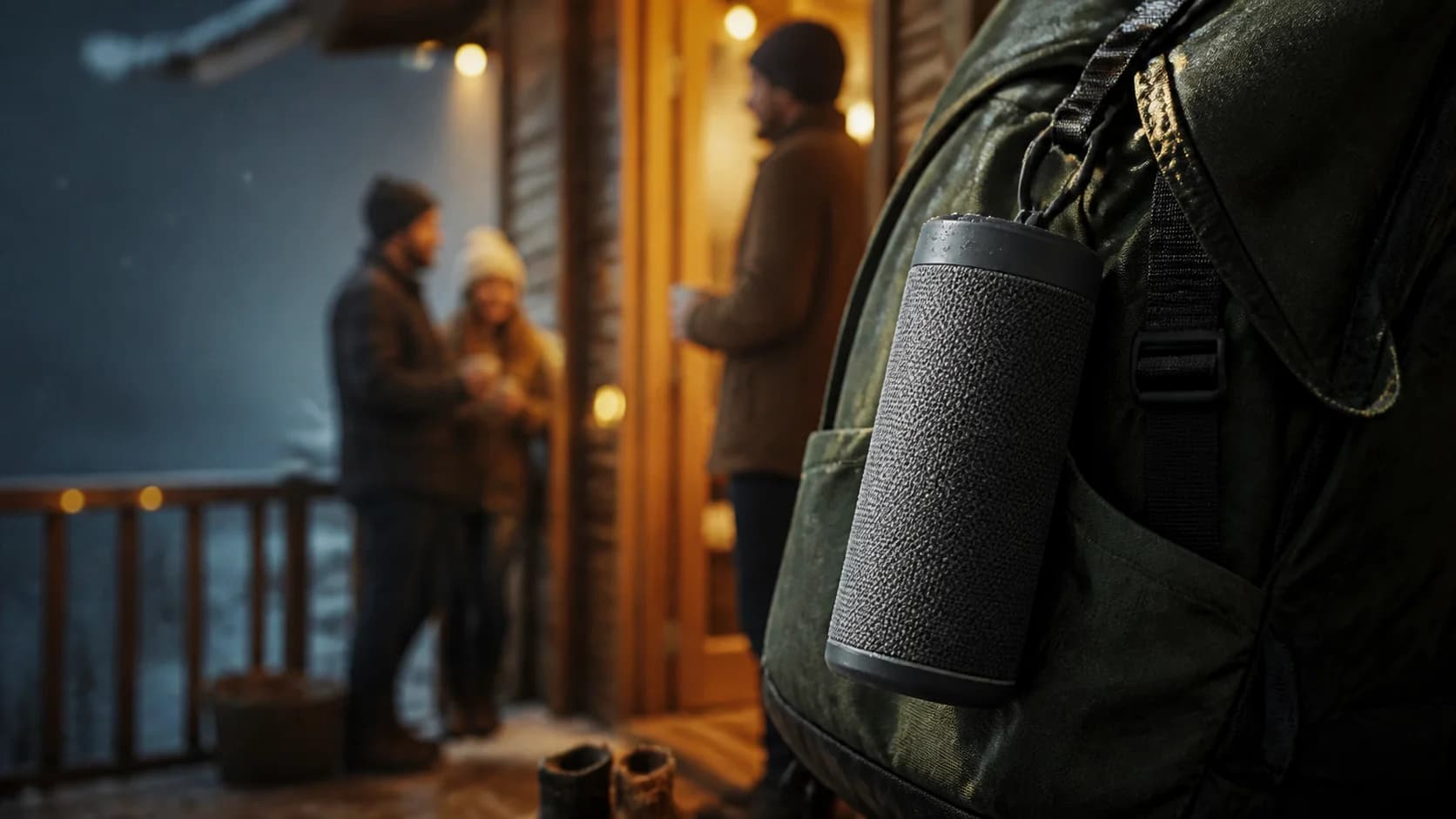 Representative compact portable speaker playing music at a winter cabin