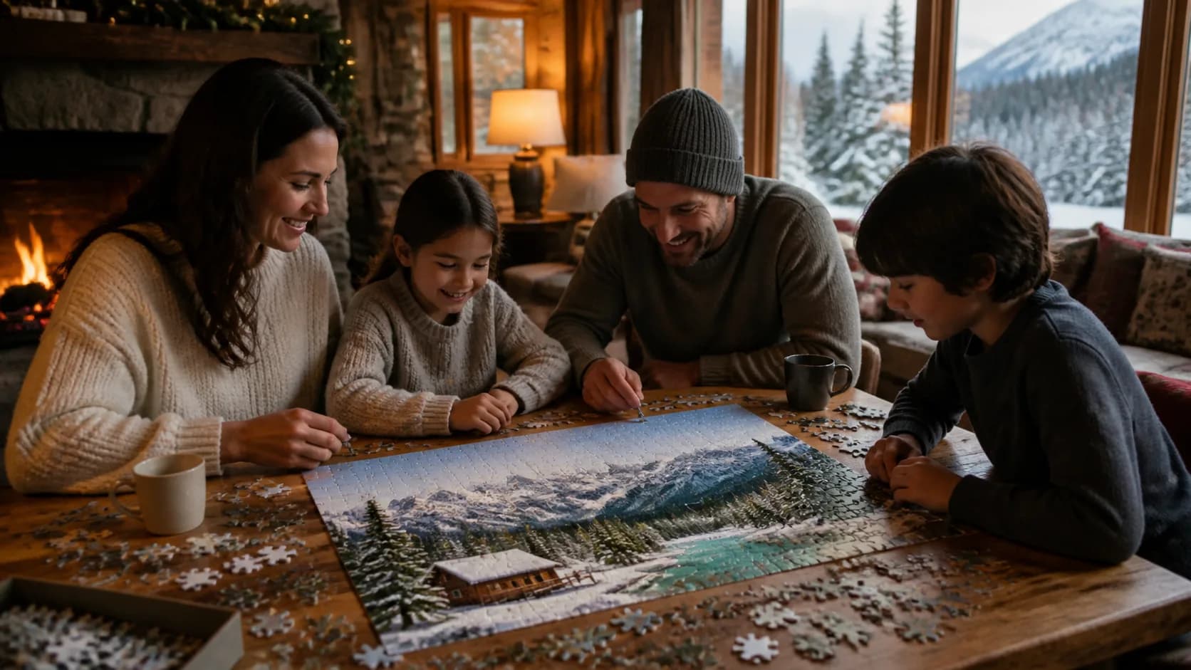 Representative jigsaw puzzle of a snowy Canadian landscape spread across a table