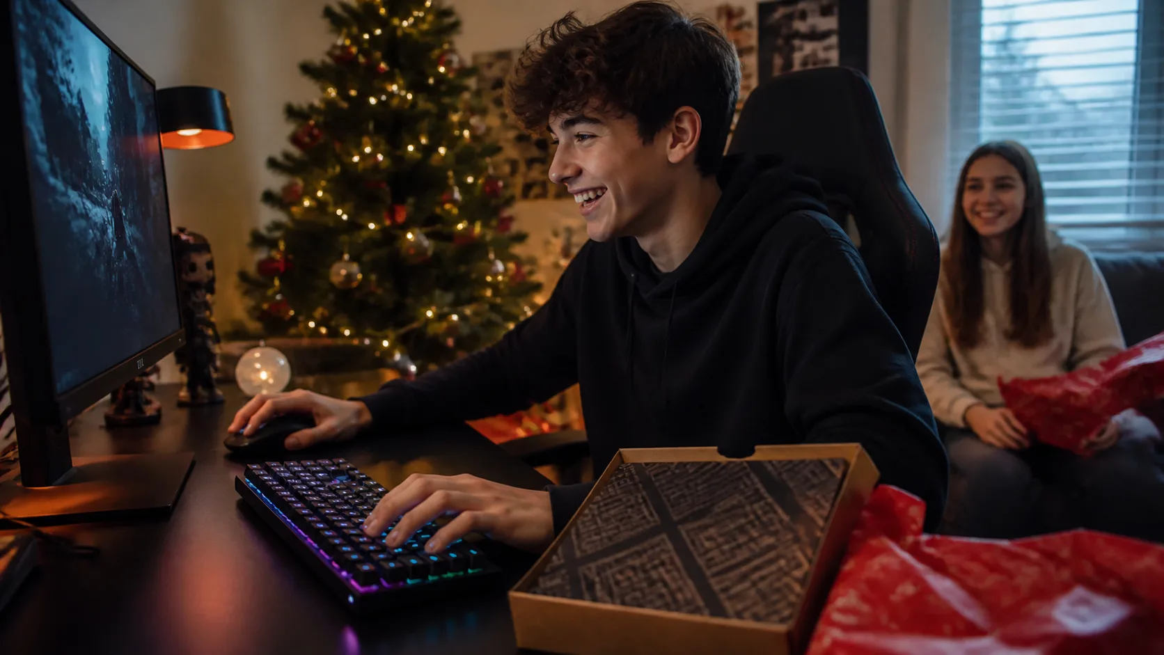 Representative compact mechanical keyboard glowing on a teen's gaming desk