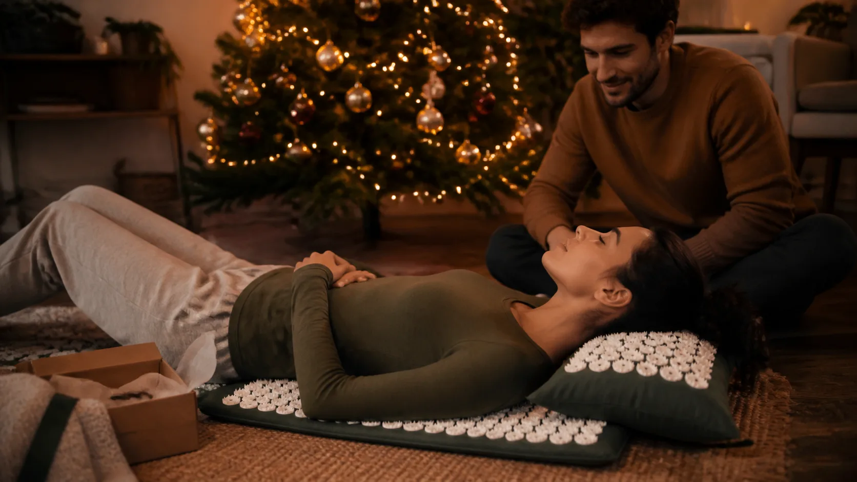 Representative acupressure mat and pillow with rows of plastic spike discs