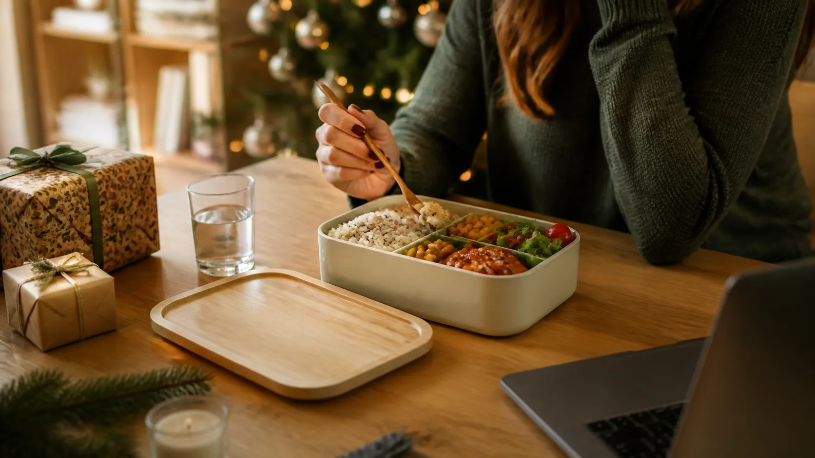 Representative adult bento lunch box with divided compartments and bamboo-style lid