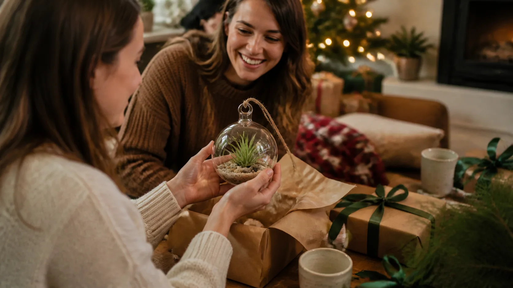 Representative hanging glass globe terrarium with a green air plant, sand, and pebbles