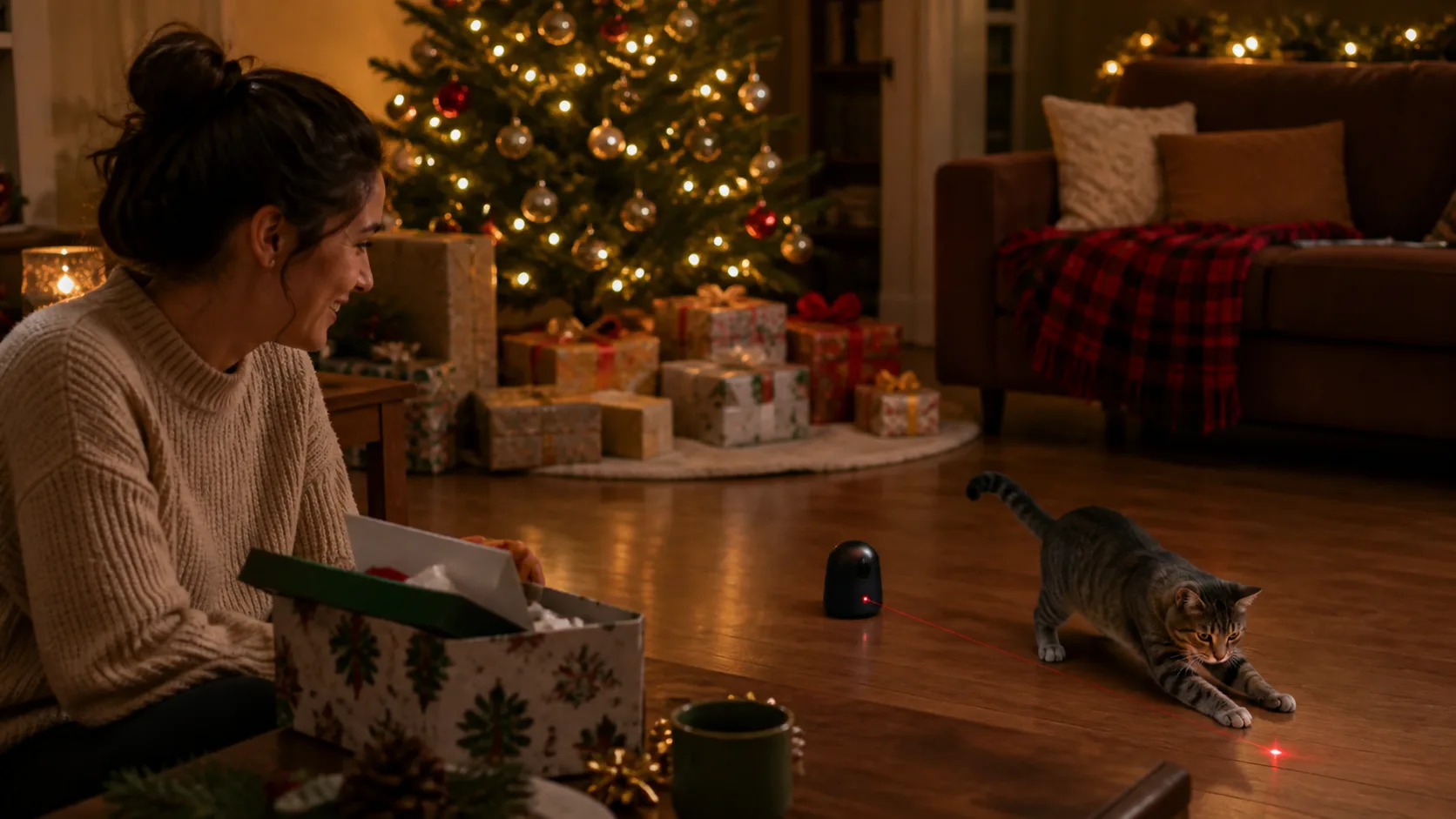 Representative small rotating laser toy with a cat chasing the dot