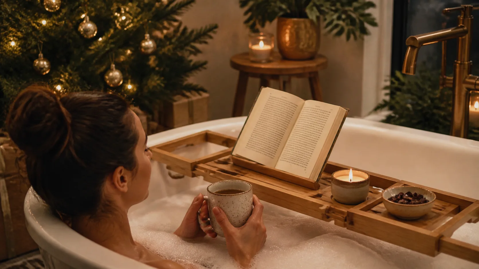 Representative bamboo tray across a white bathtub holding a book, mug, and small candle