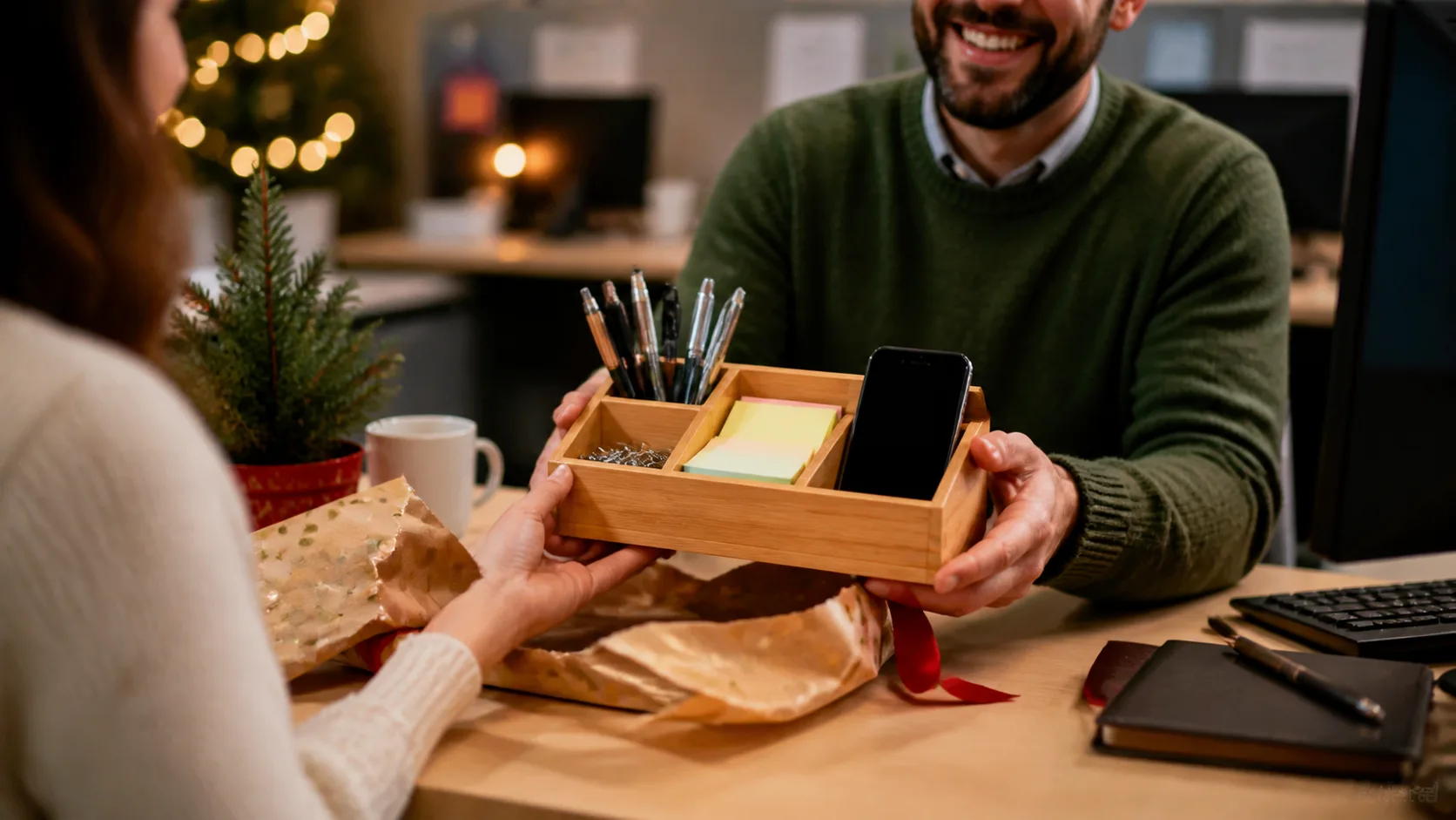 Representative bamboo organizer with compartments holding pens and sticky notes