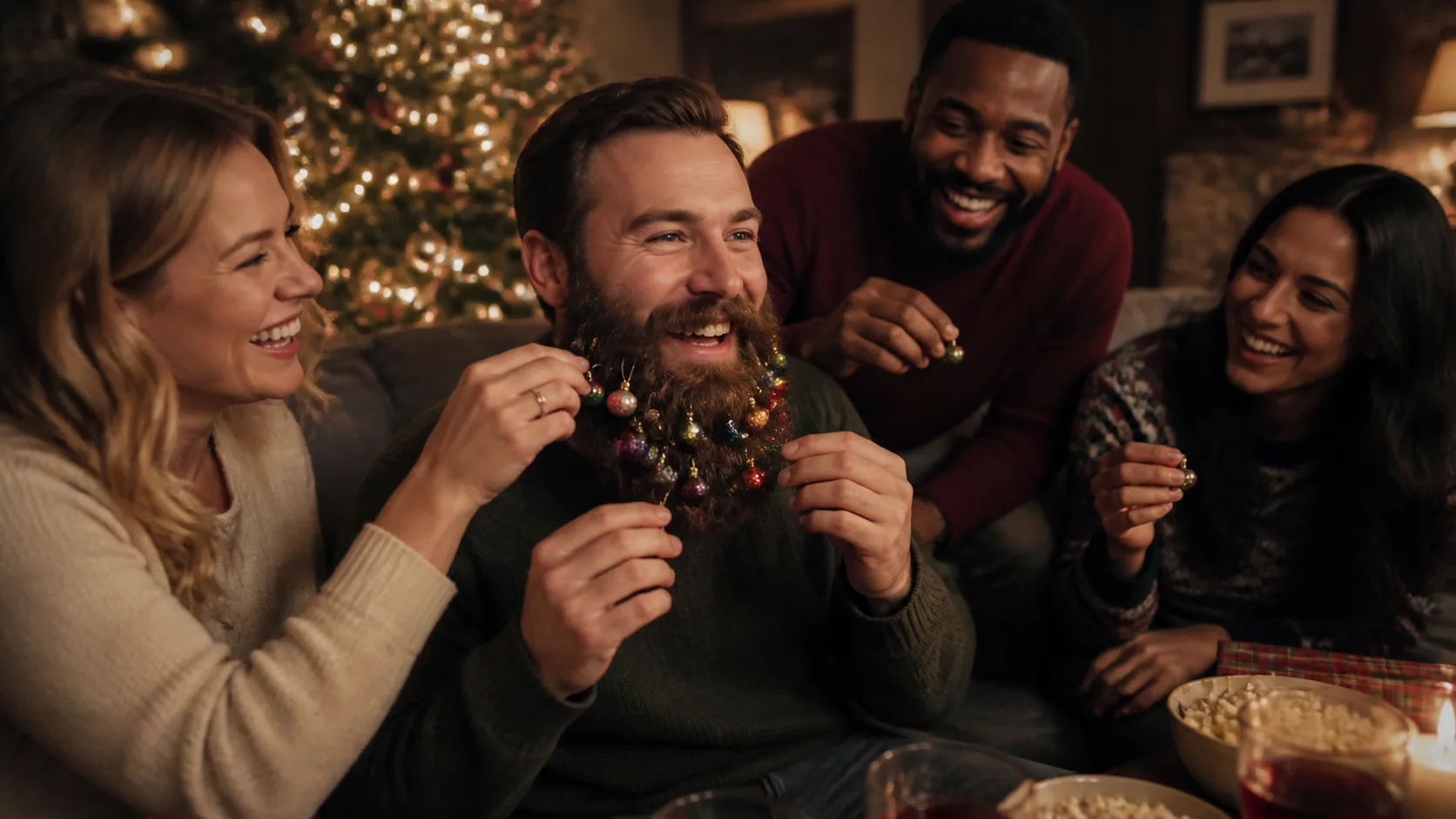 Representative bearded man with colourful mini ornaments clipped into his beard