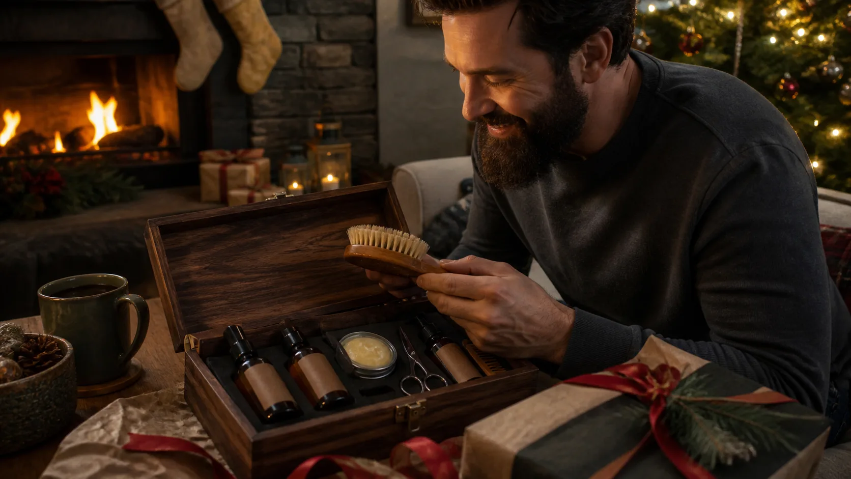 Representative boxed beard kit with oil bottles, balm tin, wooden brush, comb, and scissors