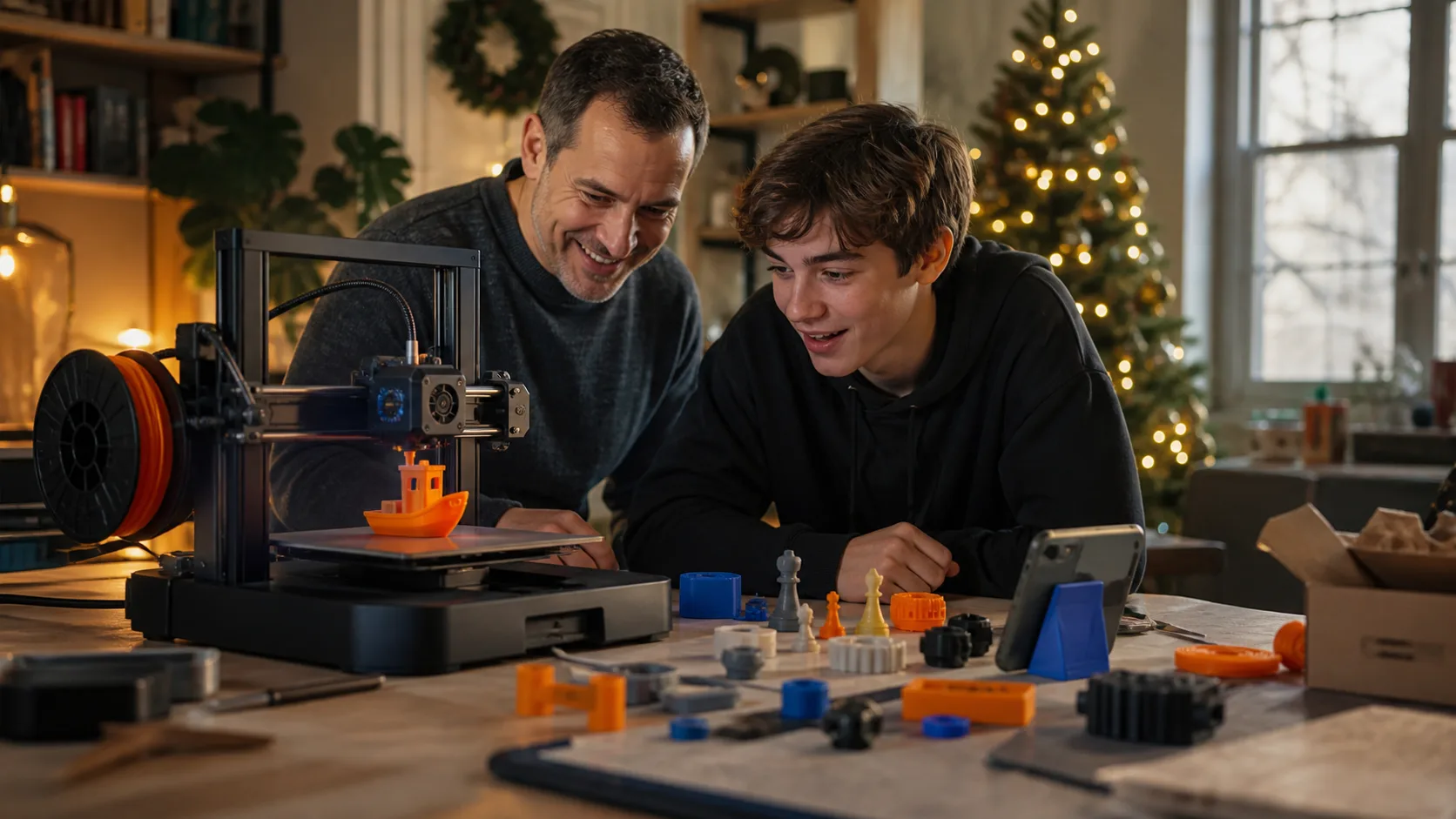 Representative beginner 3D printer mid-print on a workbench