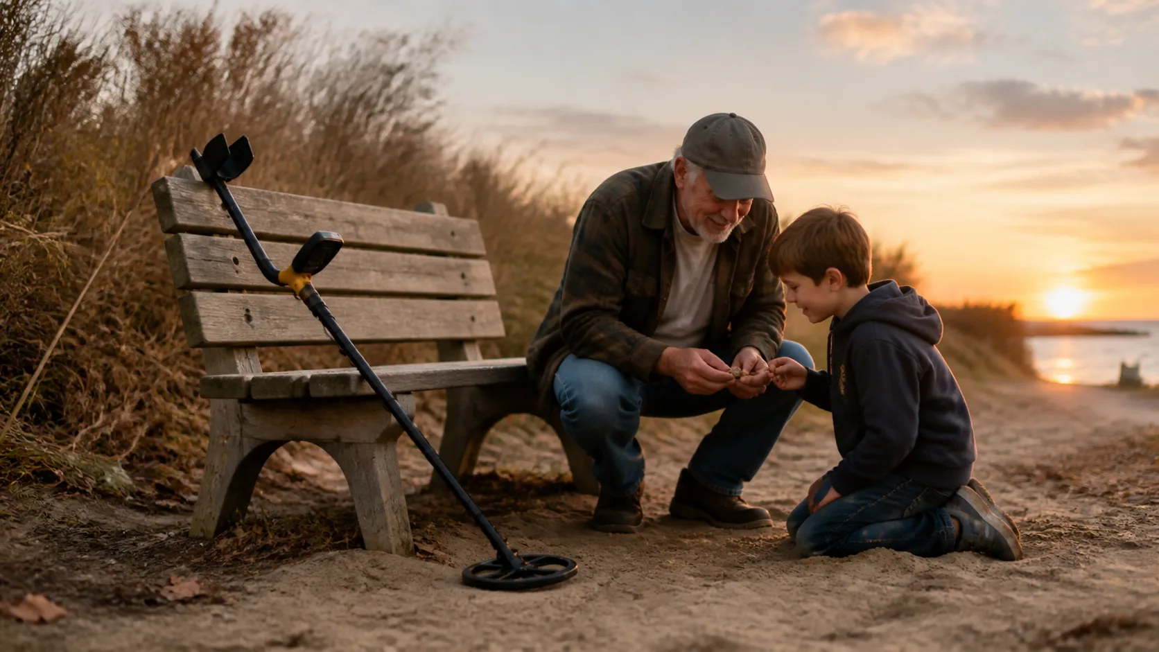 Representative metal detector leaning against a bench on a sandy beach path