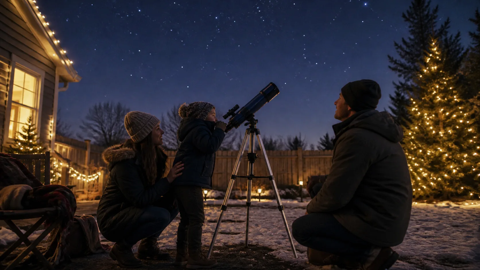 Representative beginner telescope on a tripod pointed at a starry sky