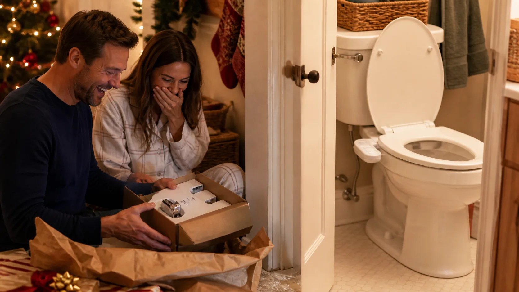 Representative slim bidet attachment installed under a white toilet seat