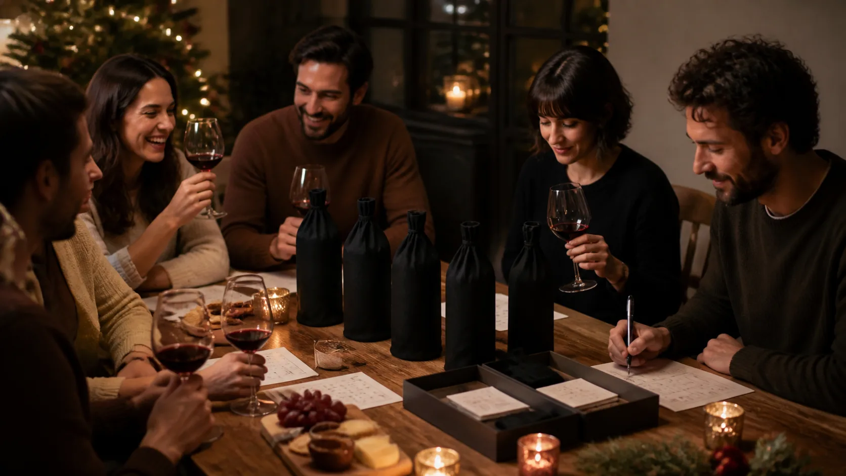 Representative blind wine tasting kit with covered bottles and scorecards