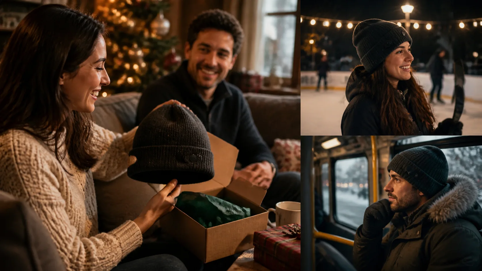 Representative knit toque with built-in headphones on a winter jacket hook