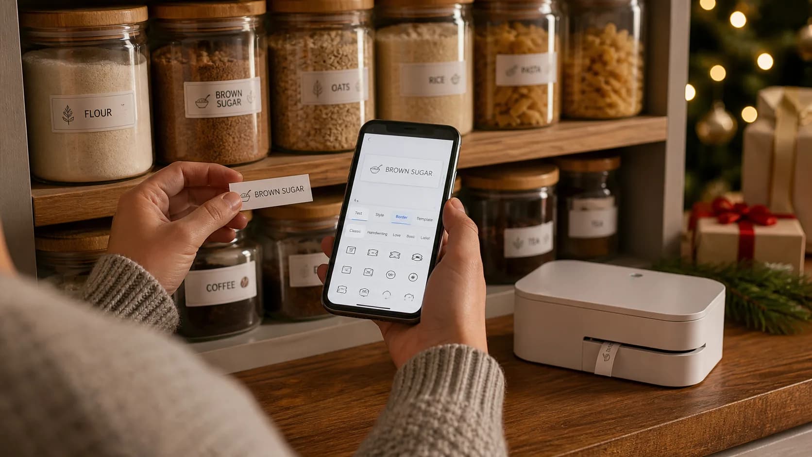 Representative small label printer beside neatly labelled pantry jars