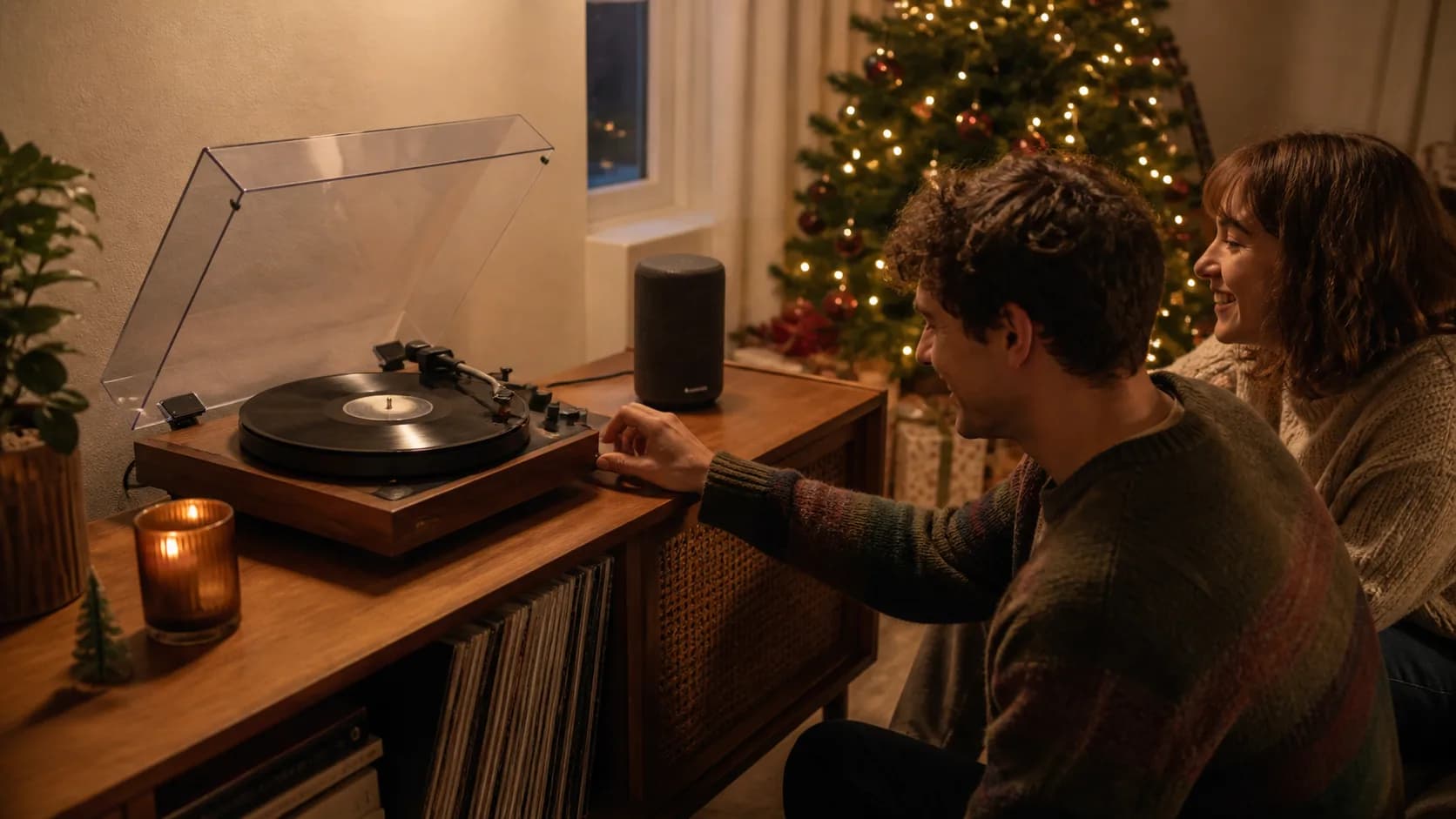 Representative turntable spinning a vinyl record beside a small wireless speaker
