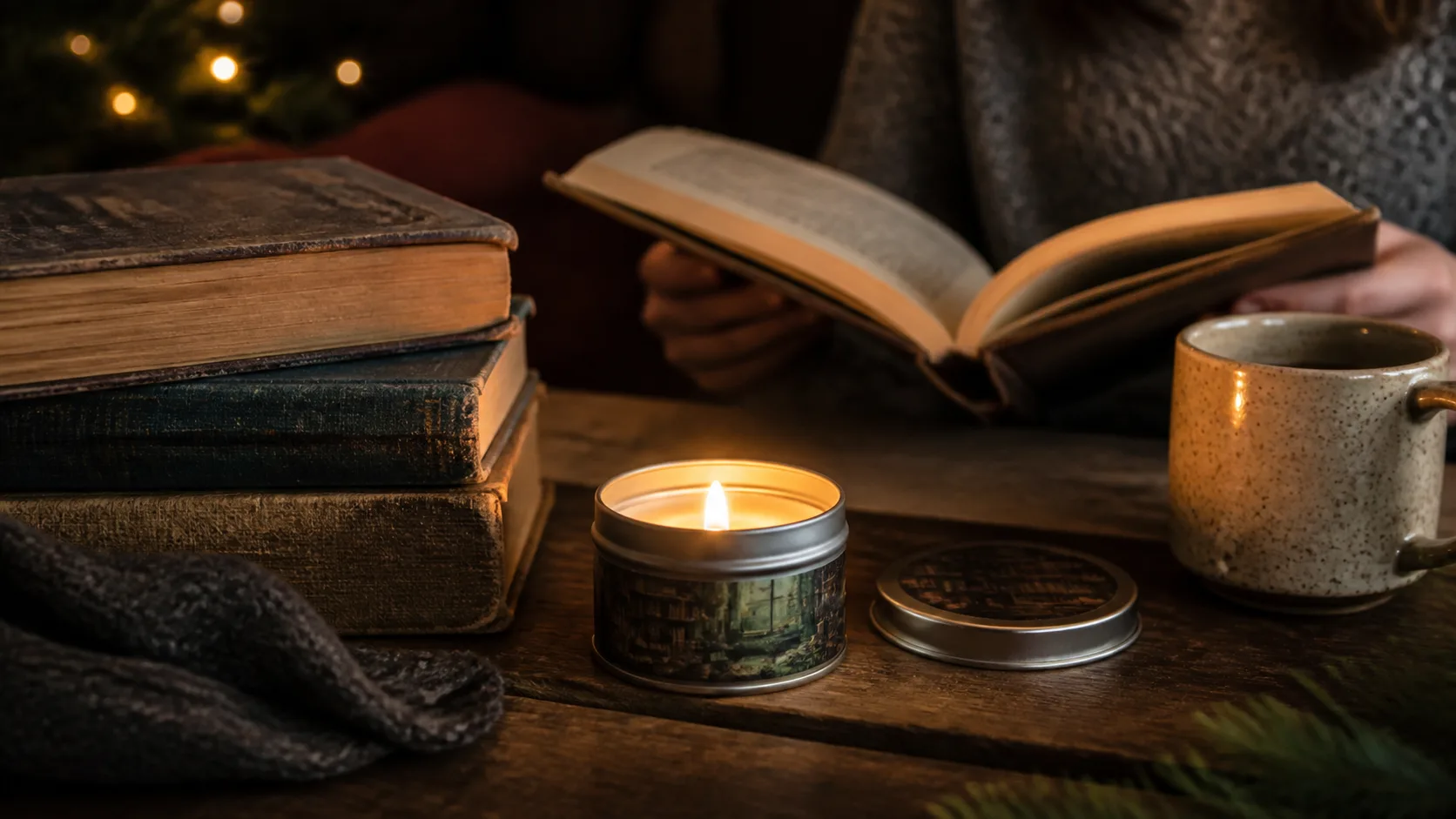 Representative lit candle in a tin beside a stack of well-worn books