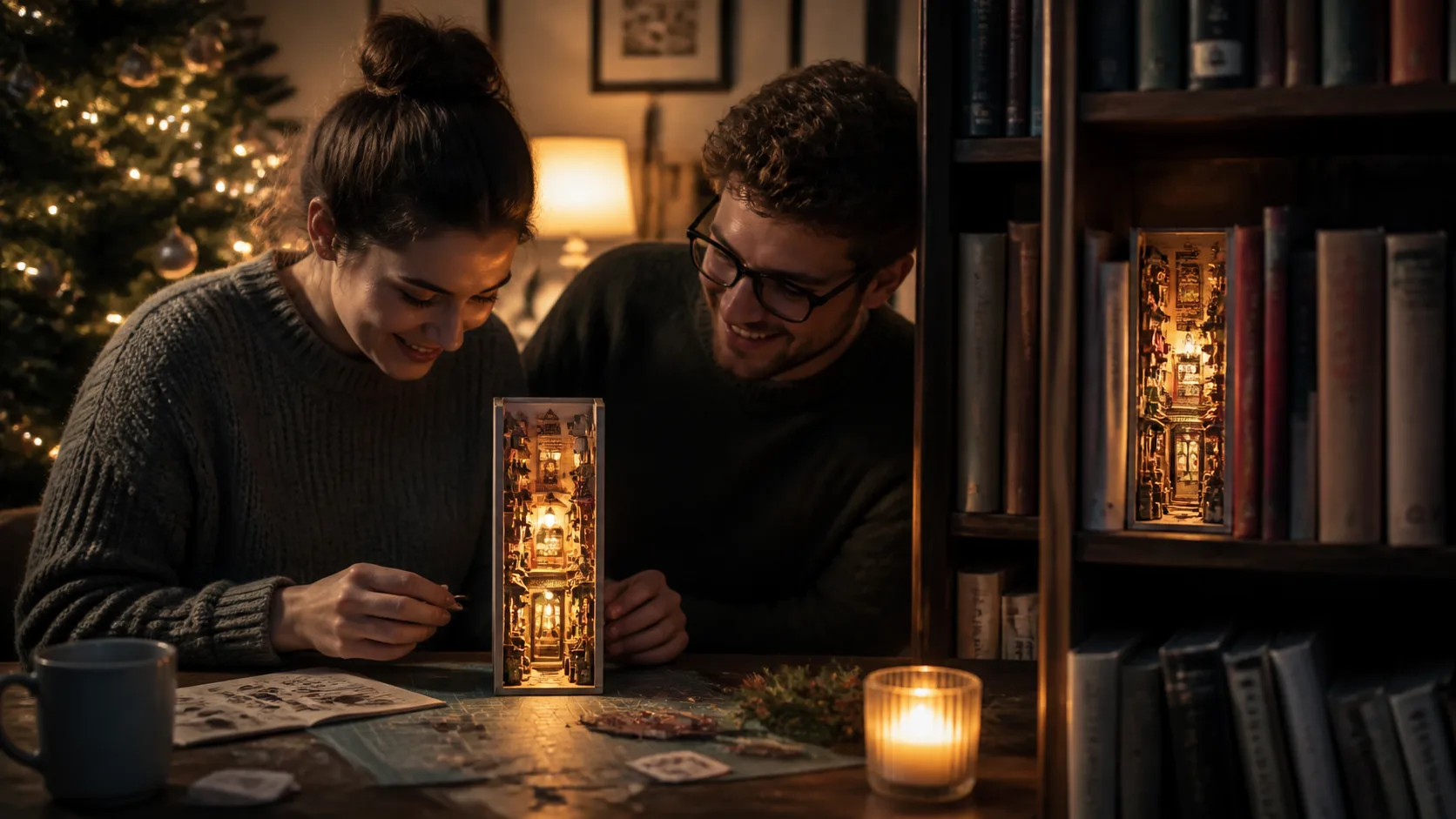 Representative miniature illuminated alleyway diorama tucked between books on a shelf