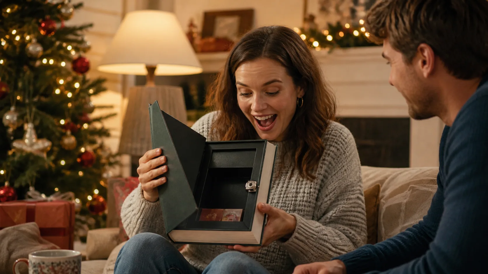 Representative hollow book safe open to show a locked compartment inside