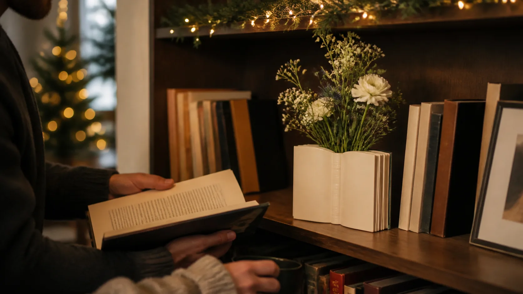Representative open-book-shaped vase holding fresh stems on a bookshelf