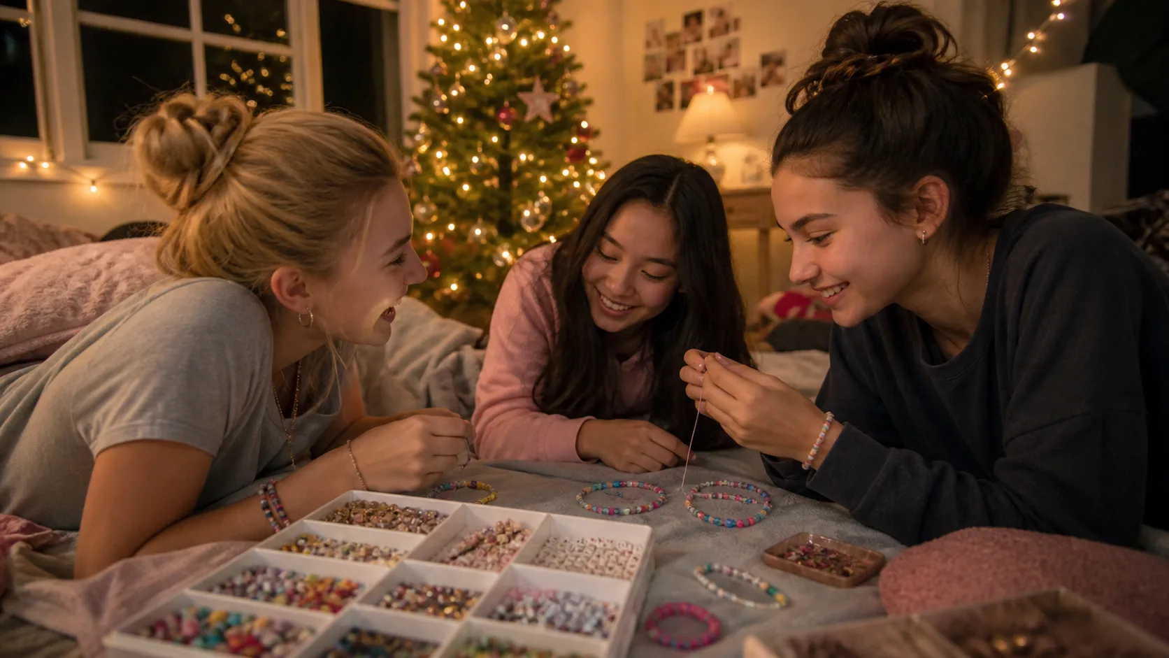 Representative craft box of colourful beads, charms, and cord organized in compartments