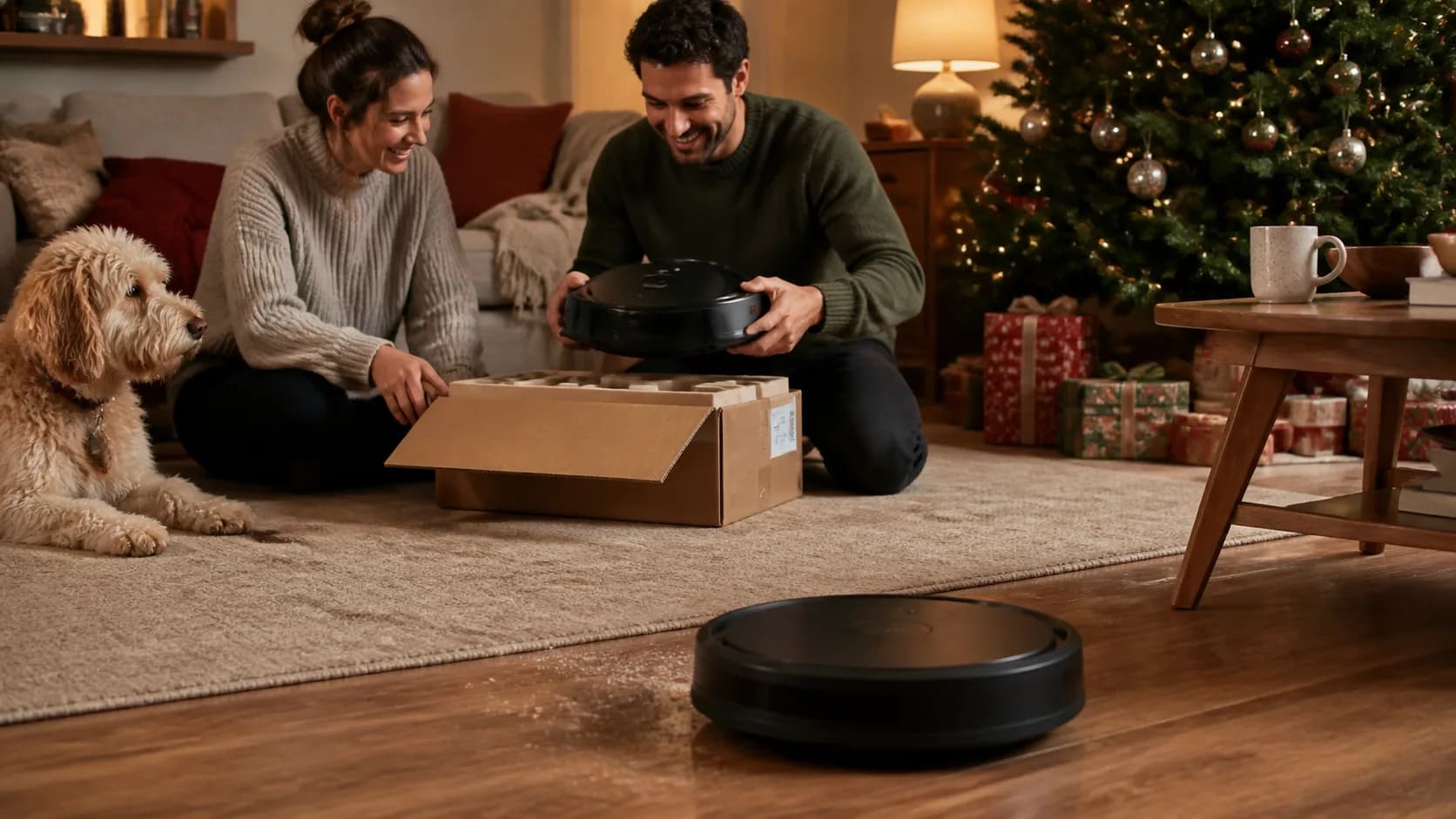Representative round robot vacuum gliding across a living room floor