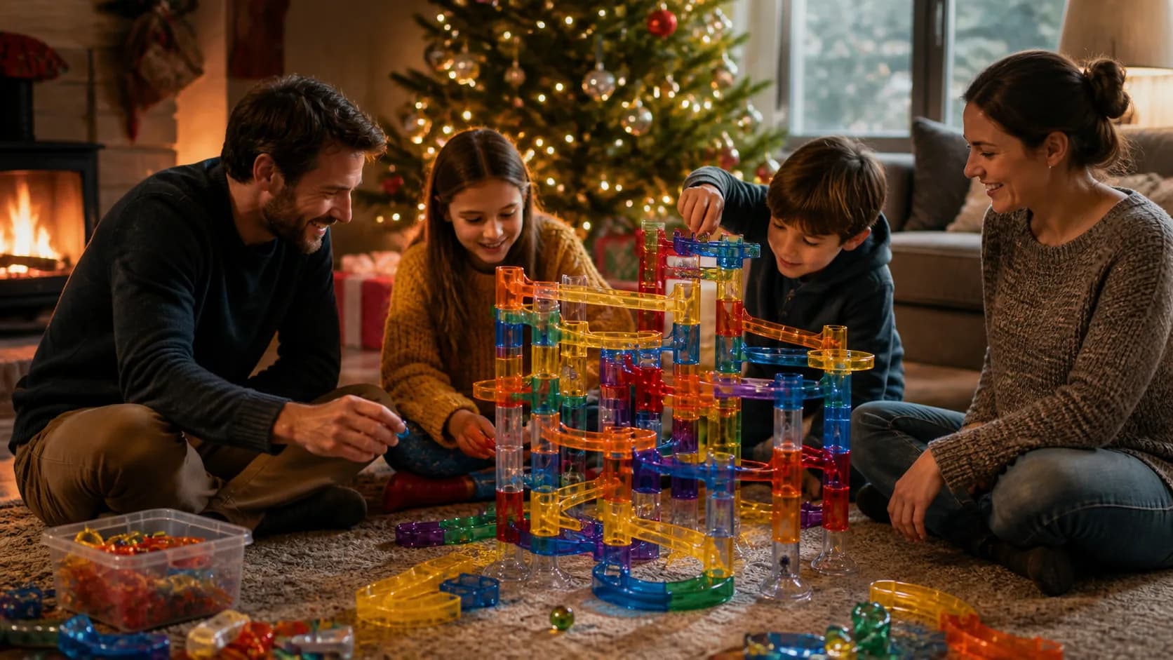 Representative colourful marble run tower built from translucent track pieces