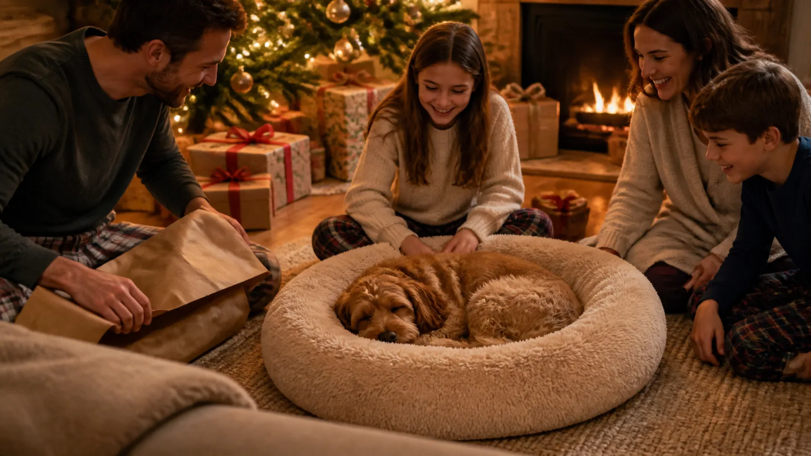 Representative round plush pet bed with a curled-up dog inside