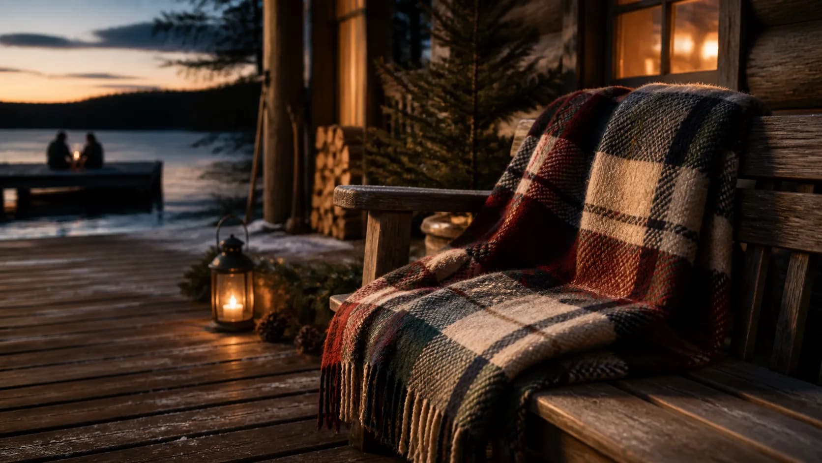 Representative folded plaid wool camp blanket draped over a wooden bench
