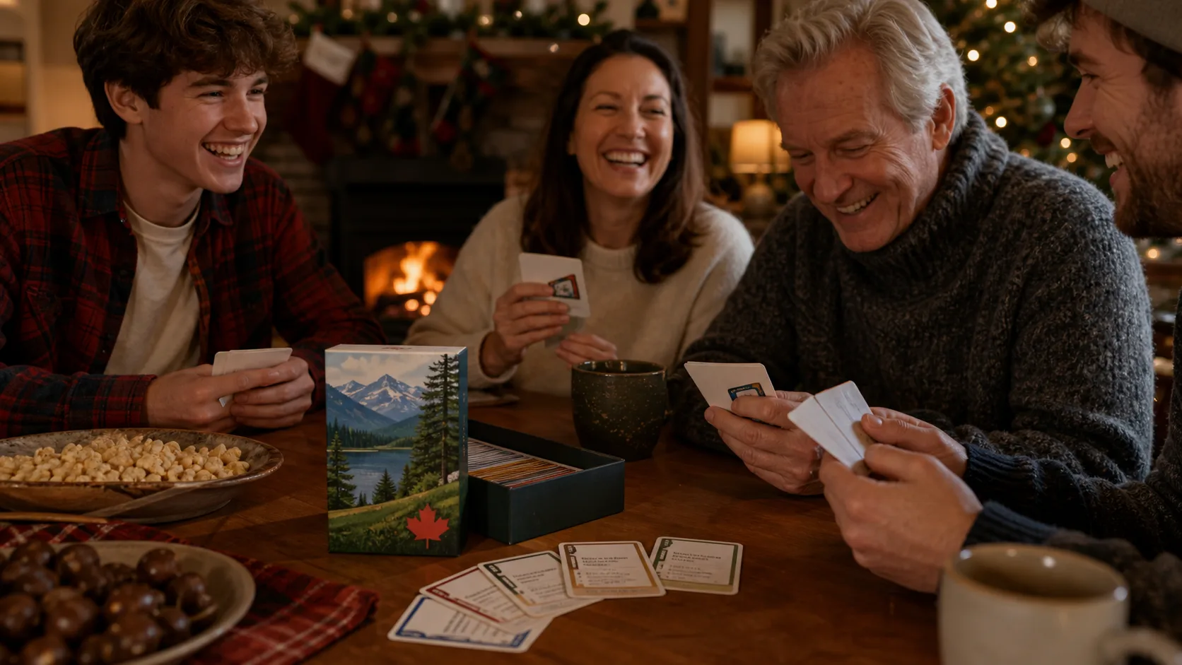 Representative trivia card game box with question cards fanned on a table