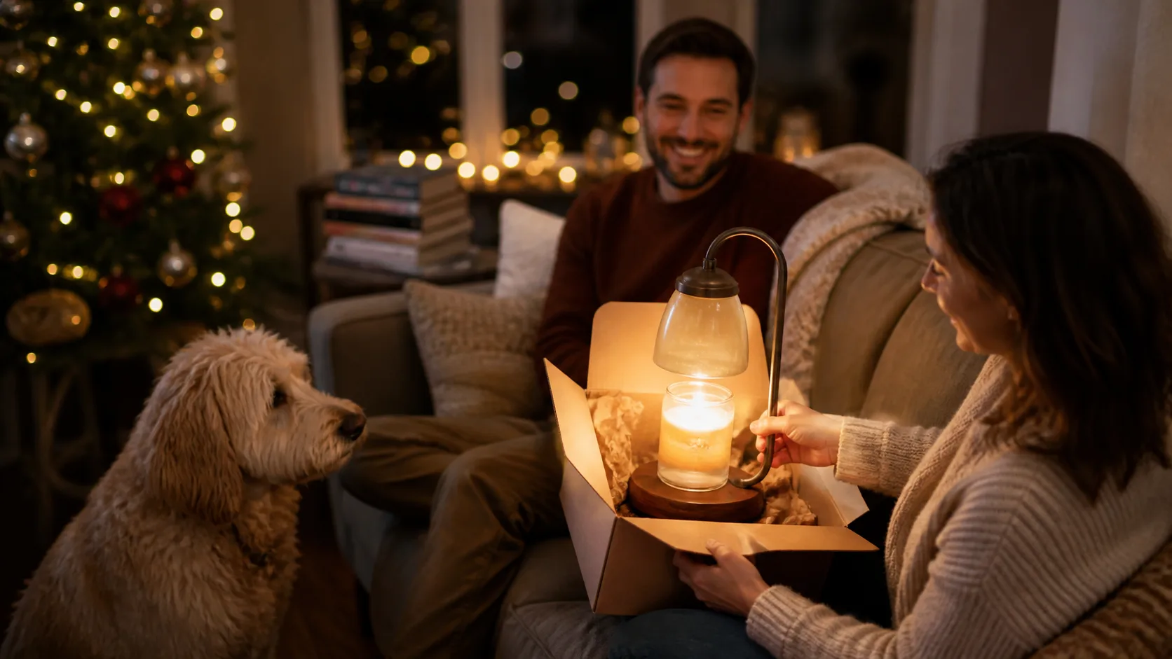 Representative candle warmer lamp glowing over a jar candle on a side table