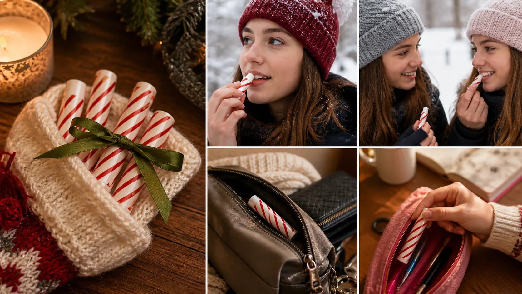 Representative candy cane striped lip balm tubes tied with a ribbon