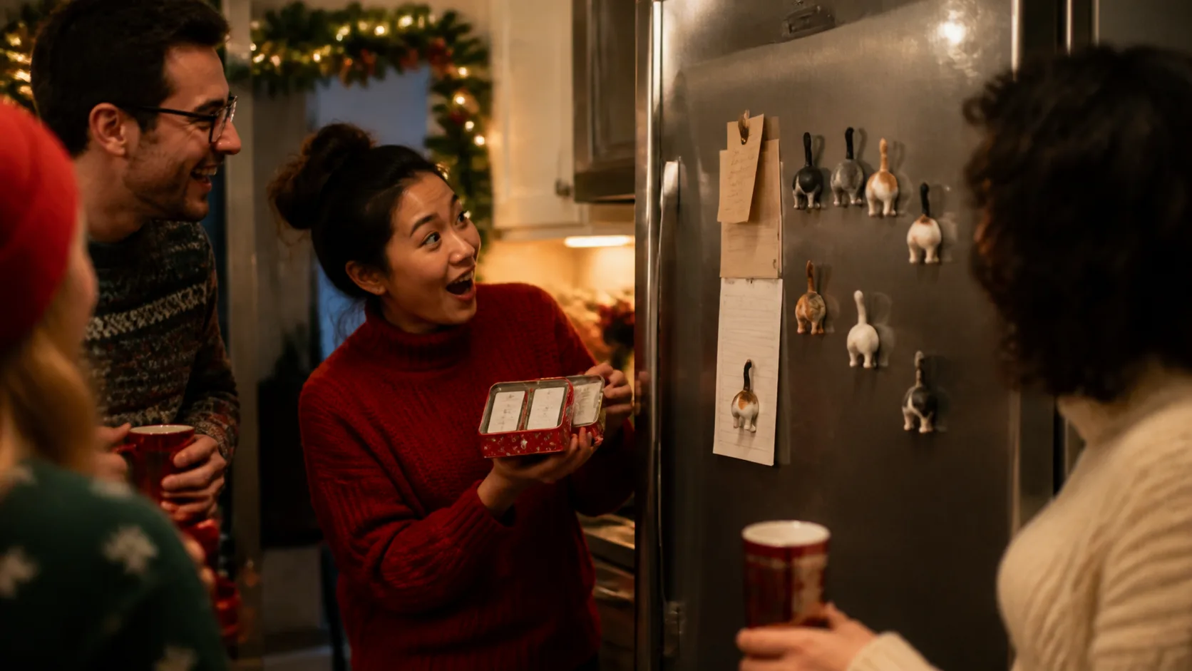 Representative set of cat rear-end magnets arranged on a fridge door