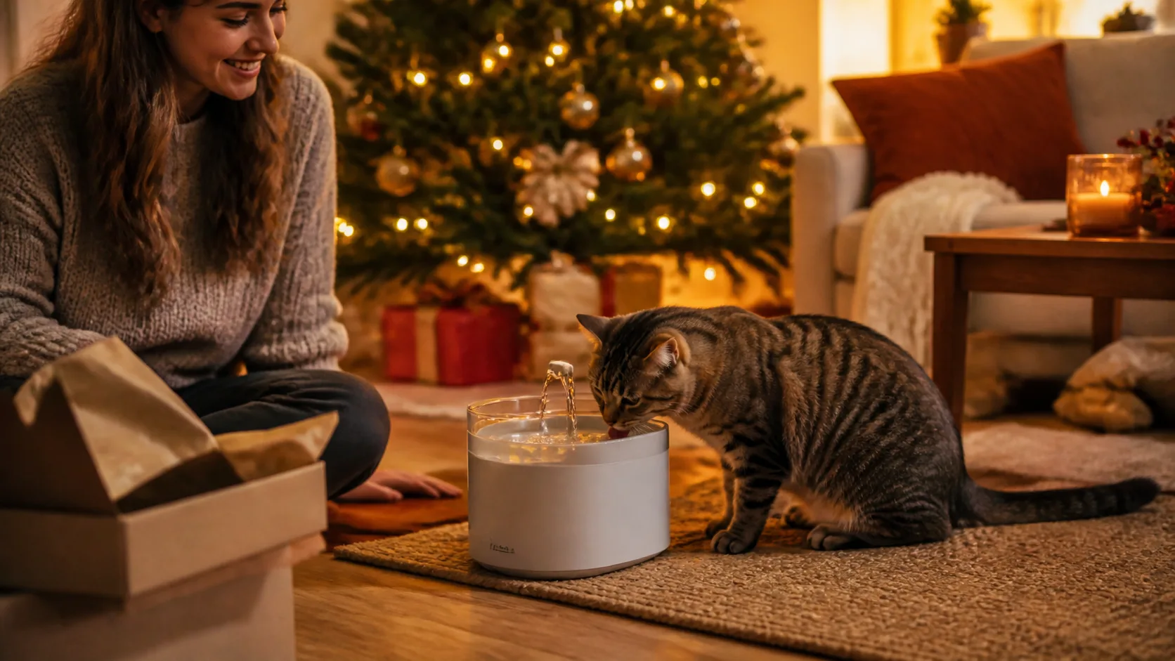 Representative pet drinking fountain with a cat leaning in to drink