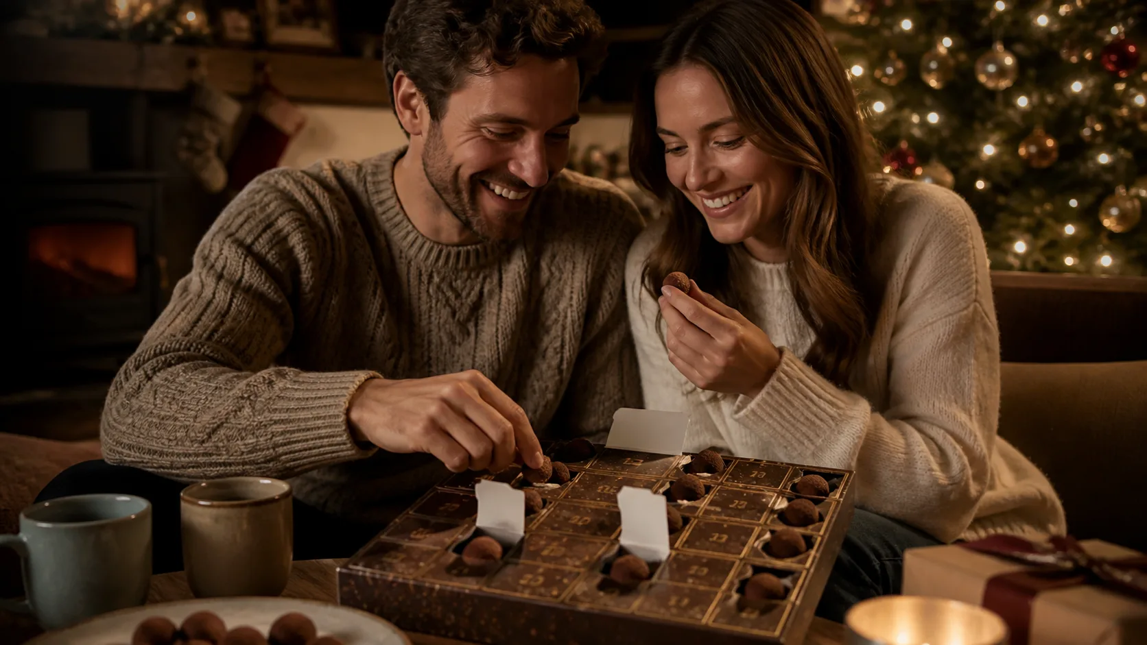 Representative elegant countdown box with windows revealing round cocoa-dusted truffles