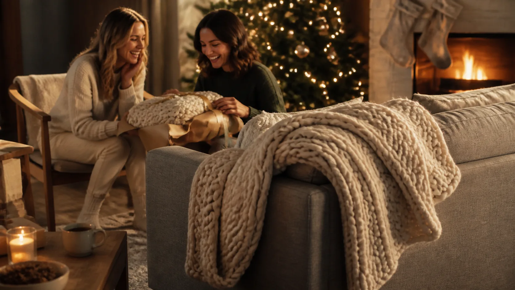 Representative chunky knit throw blanket draped across the arm of a sofa