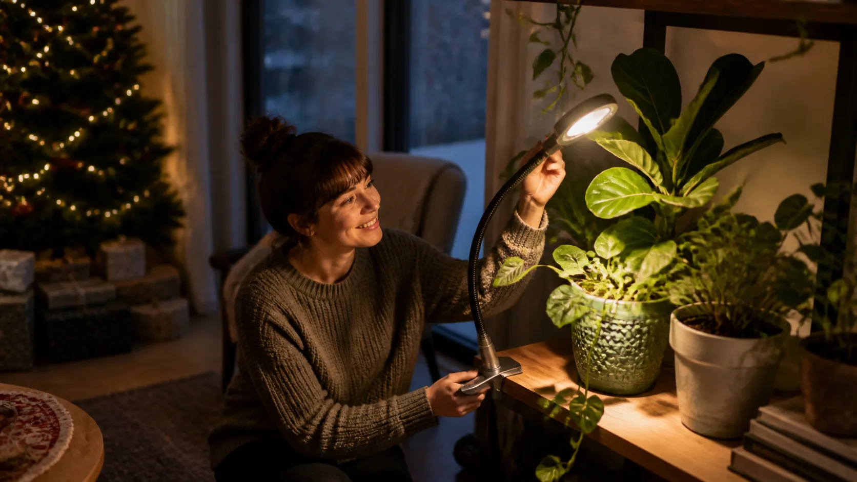 Representative clip-on grow light with flexible arms glowing over potted plants