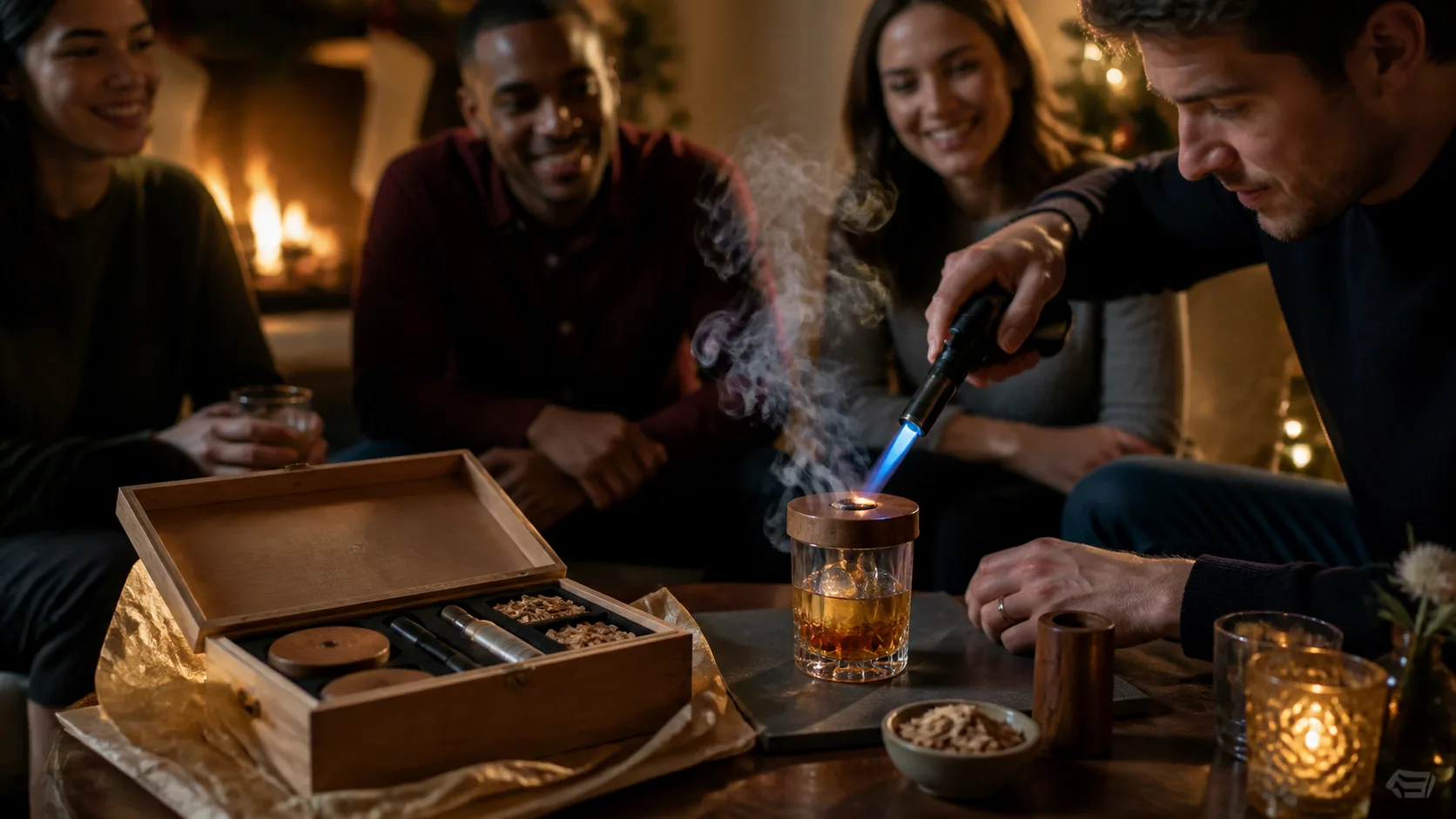 Representative wooden cocktail smoker sitting on a glass with wisps of smoke
