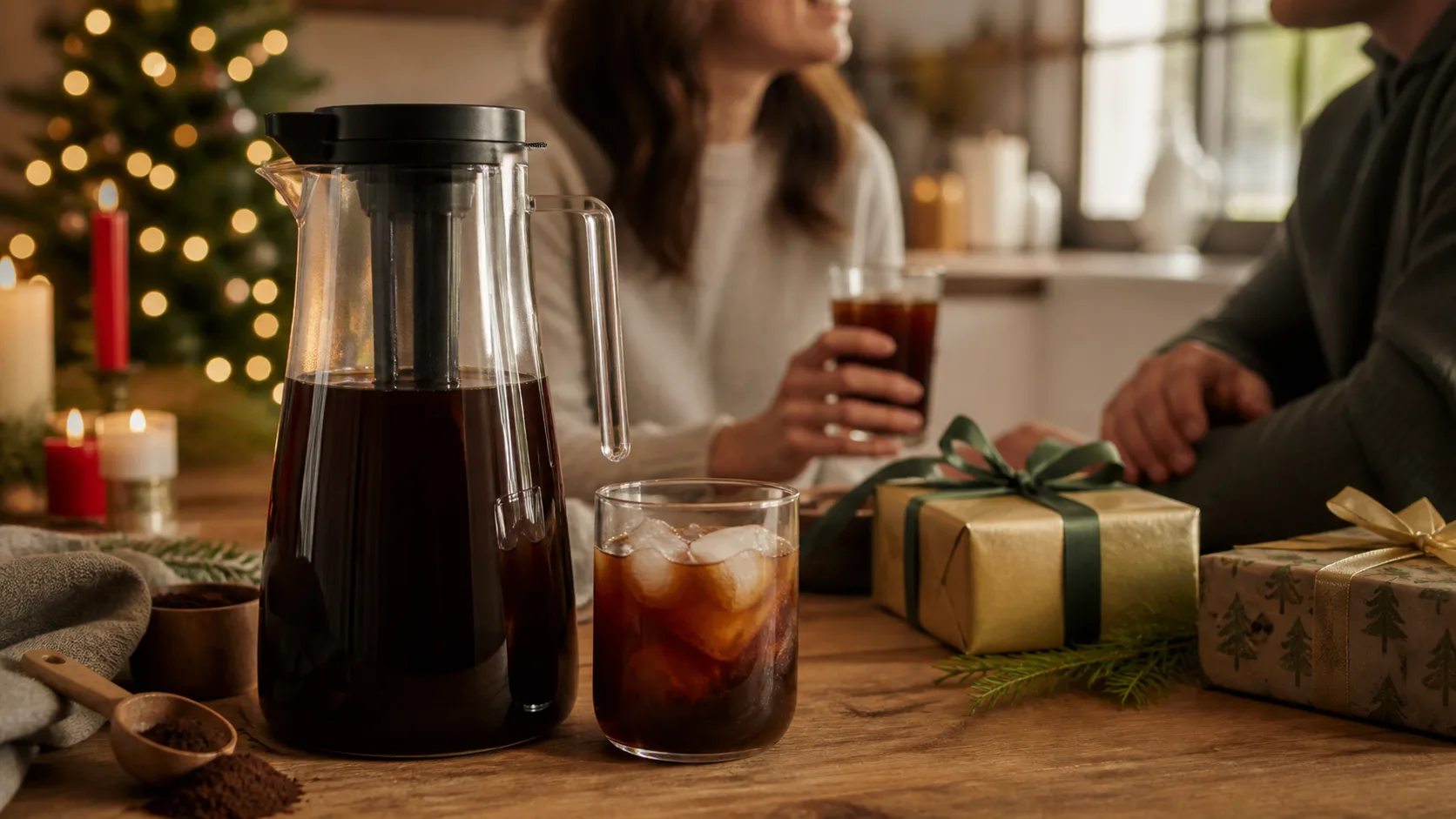 Representative glass cold brew coffee maker with a filter core and pour spout