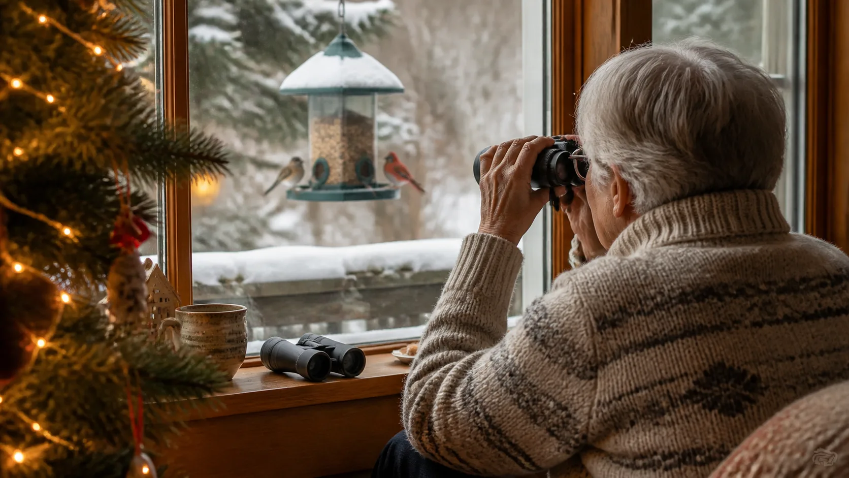 Representative compact binoculars resting on a windowsill near a bird feeder