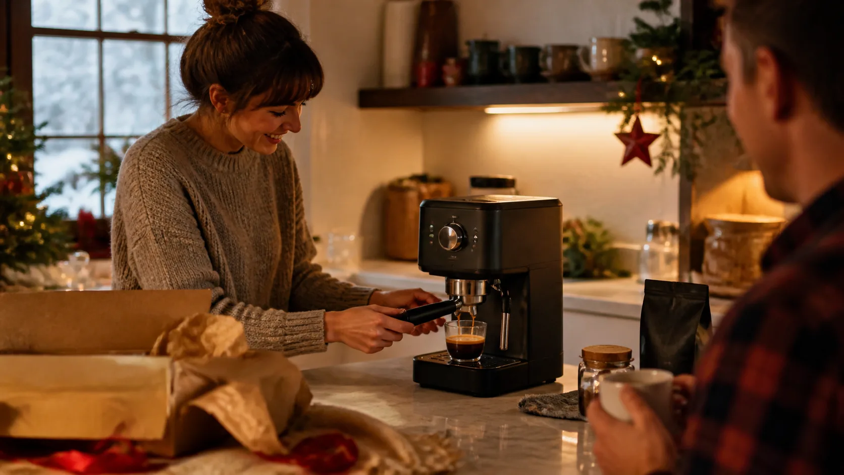 Representative compact espresso machine pulling a shot on a kitchen counter