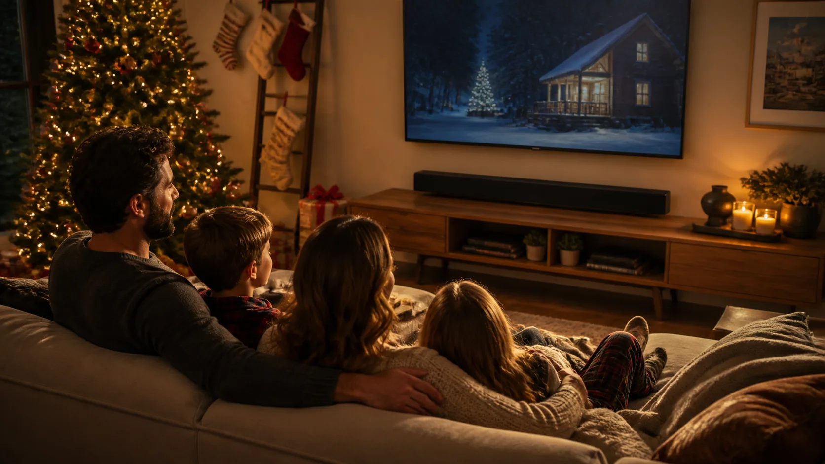 Representative slim soundbar sitting below a wall-mounted television