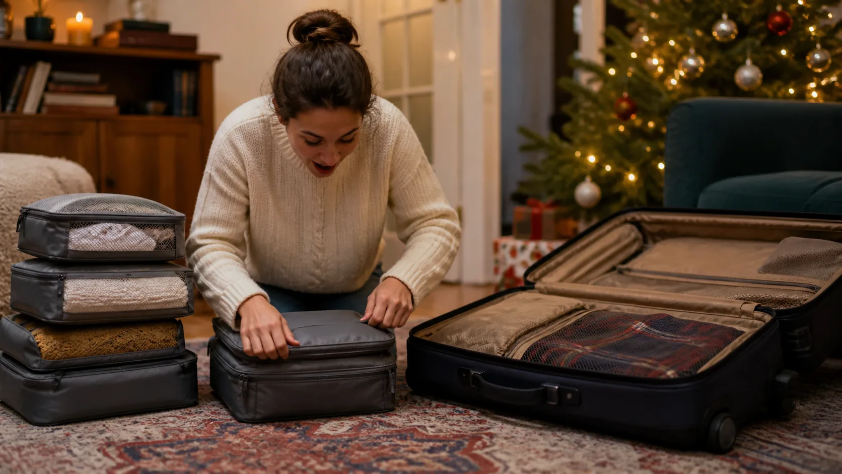 Representative set of zippered compression packing cubes arranged beside an open suitcase
